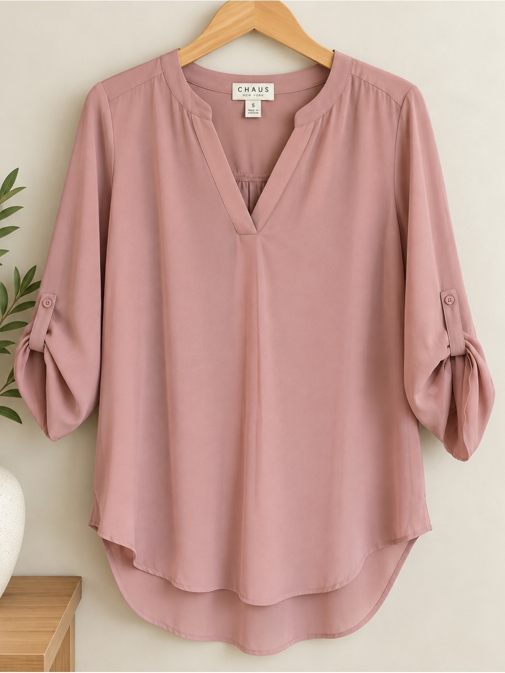 Chaus New York Dusty Rose V-Neck Roll-Tab Blouse